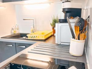 eine Küche mit einer Arbeitsfläche, auf der Küchenutensilien stehen in der Unterkunft Appt T2 4 couchages climatisation piscine in Saint-Joseph