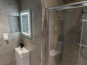 a bathroom with a shower with a toilet and a sink at Alexander Lodge in Bournemouth +48 photos