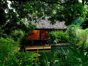 a house in the middle of a garden with a pond at Brookfarm Cottage in Irosin