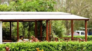 two people sitting at a table in a gazebo at Discovery Parks - Emerald Beach in Emerald Beach