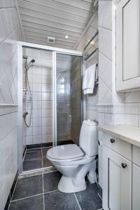 a small bathroom with a toilet and a shower at Sentralt i Stavern med gangavstand til strand in Stavern +16 photos