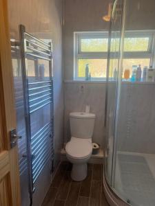 a bathroom with a toilet and a glass shower at Cozy 2 BDRM Apartment Nr the World Heritage Site of Saltaire in Saltaire +21 photos