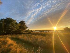 a sunset in a field with the sun in the sky at Sunset over water, 50 mins from Copenhagen in Skibby