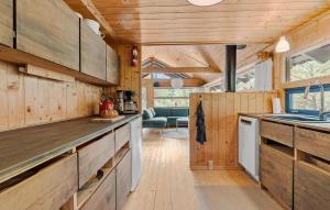 eine Küche mit Holzschränken und einem Waschbecken in einem winzigen Haus in der Unterkunft 2 Bedroom Nice Home In Nexø in Vester Sømarken + 20 Fotos