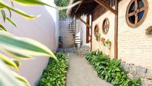an alley with plants next to a building at Pousada Montemar in Ilhabela