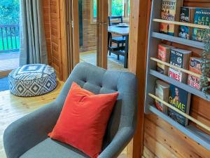 a blue chair with a red pillow next to a book shelf at Enlighten Lodge Great Ayton Yorkshire in Great Ayton