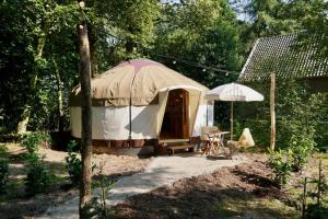 una yurta con una sedia e un ombrellone di Unieke Yurt in het bos met jacuzzi en sauna a Erp