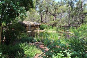 a garden with a pond and a bridge at Storey Grange in Springwood