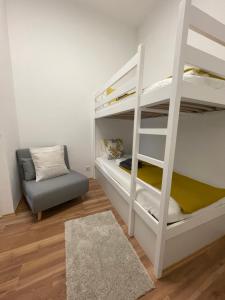 1 Schlafzimmer mit 2 Etagenbetten und einem Stuhl in der Unterkunft Central Mini Apartment RHG 1 in Wien