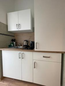 eine Küche mit weißen Schränken und einer Spüle in der Unterkunft Central Mini Apartment RHG 1 in Wien