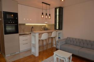 a kitchen and living room with a couch and a table at Urban Apartman-privatan parking- in Kraljevo
