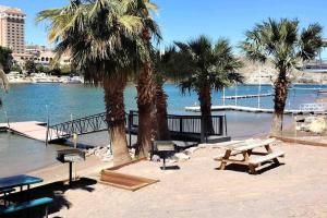 a picnic table and benches on a beach with palm trees at Love nest in Bullhead City
