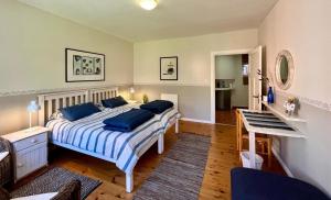 a bedroom with a bed with blue pillows and a desk at The Secret Garden Guesthouse in Swakopmund