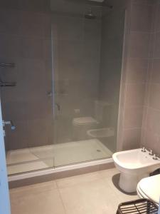 a bathroom with a shower and a toilet at Departamento con vista al Golf Barrio Costa Esmeralda in Costa Esmeralda