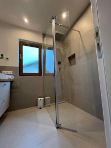 a bathroom with a shower with a glass shower stall at PanoramaVista in Hof bei Salzburg +24 photos
