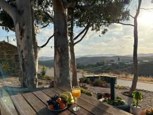 a table with a bowl of fruit and a glass of orange juice at Casa dos Avós in Estorninhos