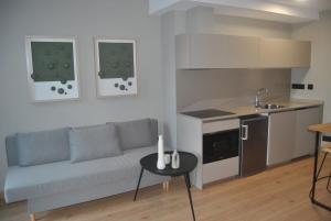a living room with a couch and a kitchen at ZALLE OVIEDO SUITES in Oviedo