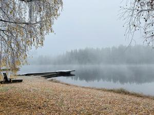 a dock on a lake with fog on the water at TAHKOn Riihiranta - 4 bedroom villa by the lake - Tasokas tilava rantamökki in Tahkovuori