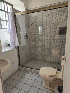 a bathroom with a shower with a toilet and a sink at HOTEL BOUTIQUE EL VIEJO MUNDO in Hidalgo del Parral +72 photos