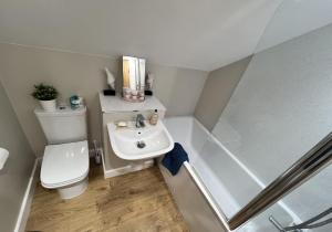 une petite salle de bain avec toilettes et lavabo dans l'établissement Rural Cottage-Full Kitchen-Pets Ok-Paddock, à Shrewsbury 40 autres photos