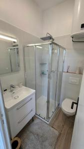 une salle de bain avec une douche, un lavabo et des toilettes dans l'établissement Les sureaux, à Perpignan 39 autres photos