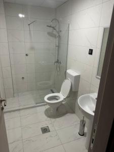 a bathroom with a shower and a toilet and a sink at NIKA The architect DIAMOND OF GEVGELIA in Gevgelija
