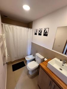 a bathroom with a toilet and a sink and a mirror at Casita Trevelin in Trevelin