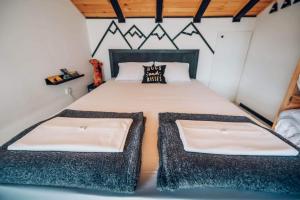 a bed in a small room with two pillows at Wild nest Wolf Lux in Krajevi +80 photos