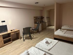a hotel room with two beds and a desk and a desk at NIKA The architect DIAMOND OF GEVGELIA in Gevgelija