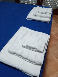 two white towels are sitting on a blue table at Friend of all the world - Giardino di Roma - Casal Bernocchi - Acilia in Vitinia