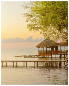 a dock with a hut on the water at Las Luciernagas Hotel in Flores +43 photos