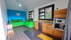 a room with a green bed and a television at TAHITI - Mango Lodge Moana in Papara