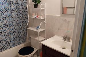 a bathroom with a toilet and a sink and a shower at Humming Bird Inn-Homely and quiet in Old Harbour