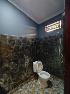 a bathroom with a toilet and a rock wall at Bungalow Mudri Lovina in Temukus