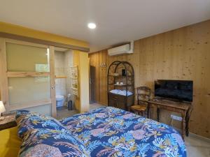 a bedroom with a bed and a desk and a television at Chambre climatisée avec salle d'eau privative et accès jardin - FR-1-589-664 in Rehaupal