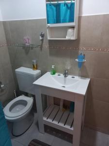 Un baño con un lavabo blanco y un inodoro. en El Cardiel, en Gobernador Gregores