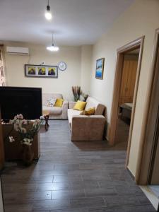 a living room with a couch and a tv at Moza Apartment in Tirana