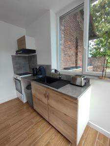 una cucina con un lavandino, un fornello e una finestra di Appartement Rubrouck 1 chambre a Rubrouck Altre 12 foto