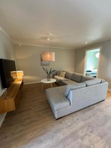 a living room with a couch and a television at Rest and Stay in Piteå