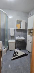 a bathroom with a sink and a toilet and a mirror at Princess in Brodarica +11 photos