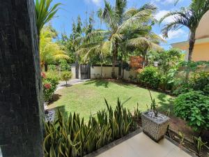 un giardino con palme e un cortile di Number 3, Pebble Bay Appartments, Ground floor a Pereybere