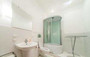 y baño con aseo, lavabo y ducha. en Piterstay Apartments - Saint Petersburg, en San Petersburgo