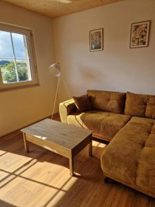 un salon avec un canapé et une table basse dans l'établissement FeWo2 großräumige FeWo in Riegel am Kaiserstuhl über 2 Etagen, Galerie, Balkon, à Riegel am Kaiserstuhl