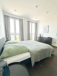CityLoft - Augsburger Innenstadt-Bismarckviertel - kostenloser Tiefgaragenstellplatz في اوغسبورغ: غرفة نوم بسرير كبير في غرفة بها نوافذ