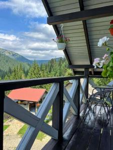 a porch of a house with a table and chairs at Перлина Гір in Yablunytsya +60 photos