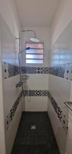 Un baño con ducha con azulejos azules y blancos. en Ti Ker Créole, en Saint-Benoît 17 fotos más