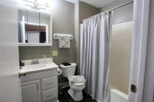 een badkamer met een toilet, een wastafel en een douche bij The Lounge - Downtown Chillicothe in Chillicothe +12 foto's