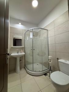 a bathroom with a shower and a toilet and a sink at Pensiunea Emelys, Iasi in Iaşi +104 photos