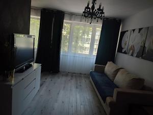 a living room with a blue couch and a tv at Apartament Lux2 Konin NOCLEGI in Konin +1 photo