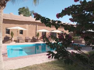 a swimming pool in front of a building with umbrellas at JNANE ZOHRA in Taroudant